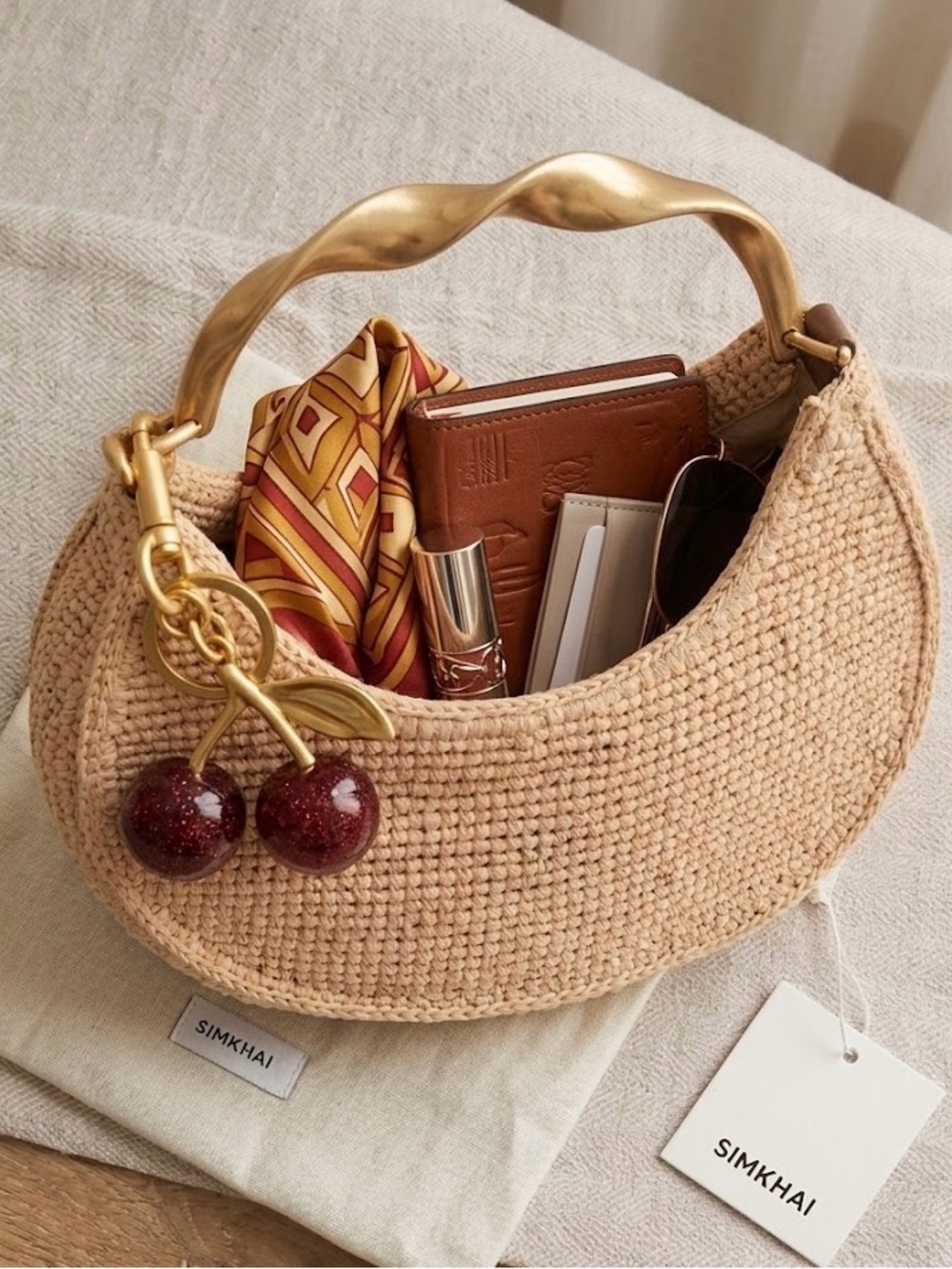 Beige Woven Cherry-Accent Shoulder Bag